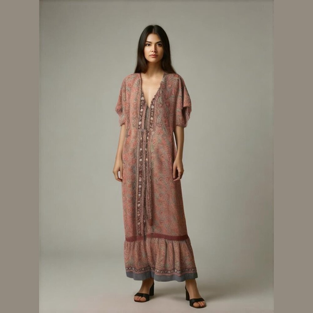 Boemo Bohemian Floral Tiered Maxi Dress Hippie Paisley Artsy Front Buttons XL